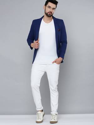 Men's Notched Lapel Blue Self Design Blazer 3