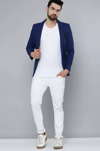 Men's Notched Lapel Blue Self Design Blazer