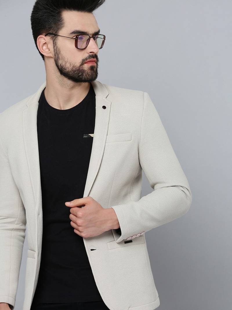 SHOWOFF Men's Notched Lapel Grey Self Design Blazer