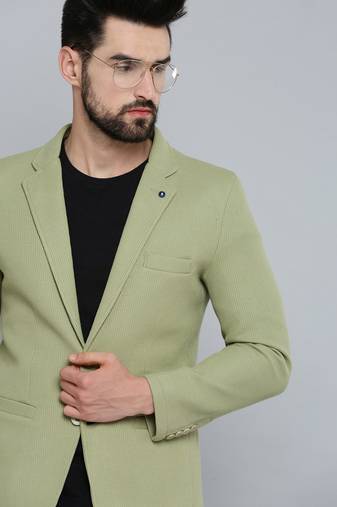 Men's Notched Lapel Olive Self Design Blazer