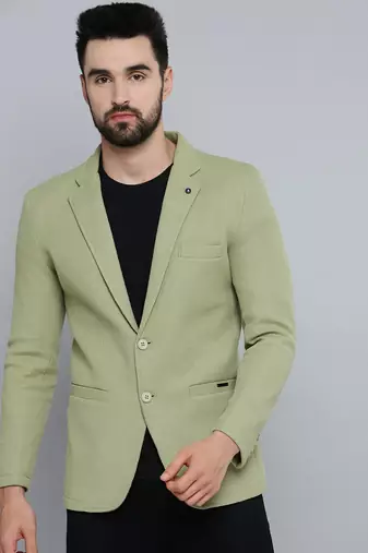 Men's Notched Lapel Olive Self Design Blazer