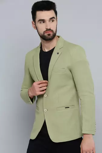 Men's Notched Lapel Olive Self Design Blazer