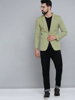 Men's Notched Lapel Olive Self Design Blazer 5