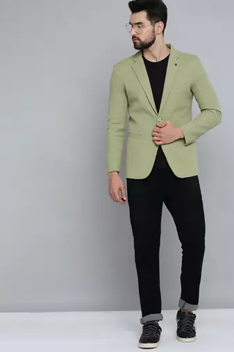 Men's Notched Lapel Olive Self Design Blazer