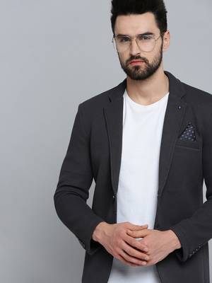 Men's Notched Lapel Grey Melange Self Design Blazer 1