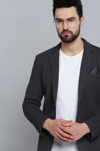 Men's Notched Lapel Grey Melange Self Design Blazer