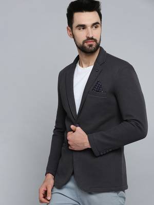 Men's Notched Lapel Grey Melange Self Design Blazer 2