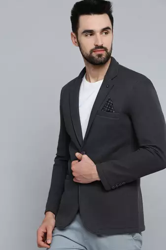 Men's Notched Lapel Grey Melange Self Design Blazer