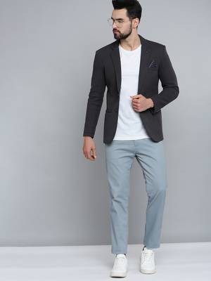 Men's Notched Lapel Grey Melange Self Design Blazer 4