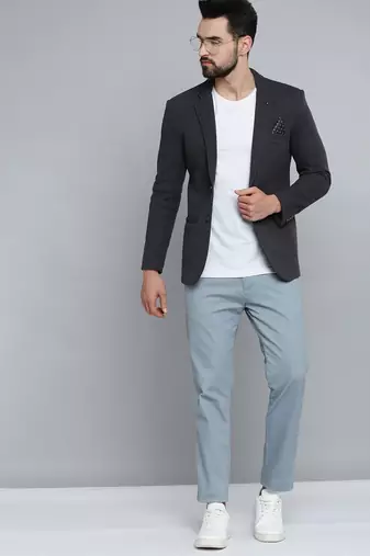 Men's Notched Lapel Grey Melange Self Design Blazer