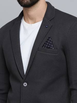 Men's Notched Lapel Grey Melange Self Design Blazer 5