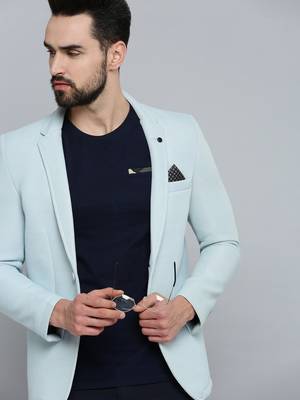 SHOWOFF Men's Notched Lapel Blue Self Design Blazer 1
