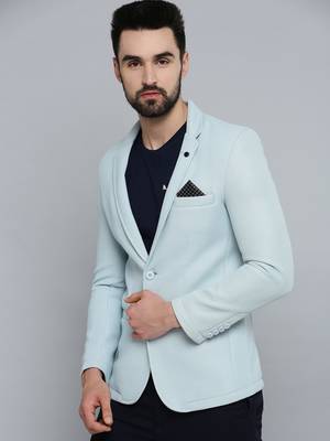SHOWOFF Men's Notched Lapel Blue Self Design Blazer 2