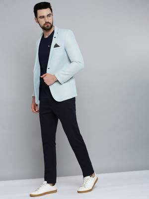SHOWOFF Men's Notched Lapel Blue Self Design Blazer 4