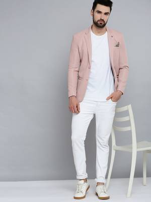 Men's Notched Lapel Pink Self Design Blazer 5