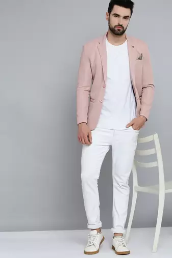Men's Notched Lapel Pink Self Design Blazer
