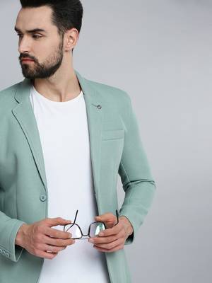 SHOWOFF Men's Notched Lapel Green Self Design Blazer 1