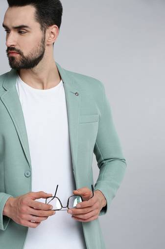 SHOWOFF Men's Notched Lapel Green Self Design Blazer