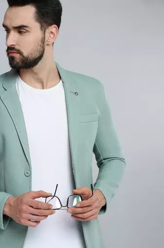SHOWOFF Men's Notched Lapel Green Self Design Blazer