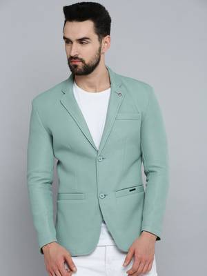 SHOWOFF Men's Notched Lapel Green Self Design Blazer 2