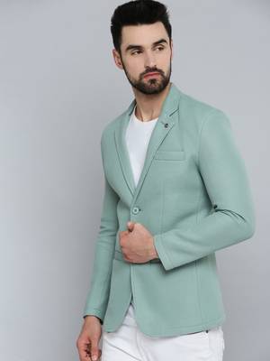SHOWOFF Men's Notched Lapel Green Self Design Blazer 3