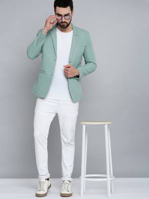 SHOWOFF Men's Notched Lapel Green Self Design Blazer 5