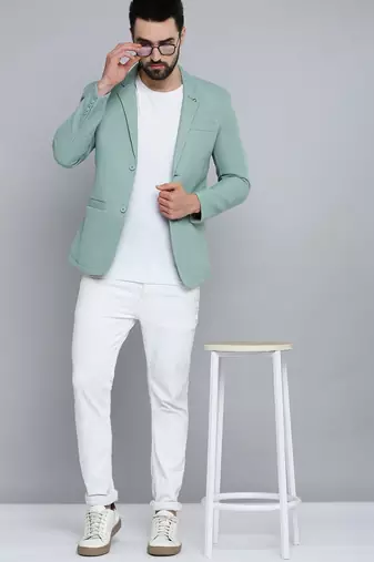 SHOWOFF Men's Notched Lapel Green Self Design Blazer