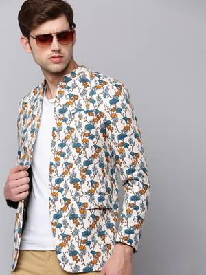 Men's Mandarin Collar Printed Multicolor Open Front Blazer 1