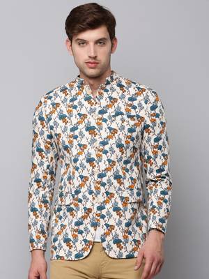 Men's Mandarin Collar Printed Multicolor Open Front Blazer 2