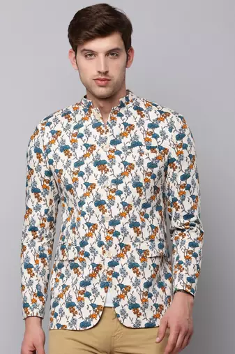 Men's Mandarin Collar Printed Multicolor Open Front Blazer