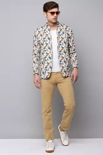 Men's Mandarin Collar Printed Multicolor Open Front Blazer