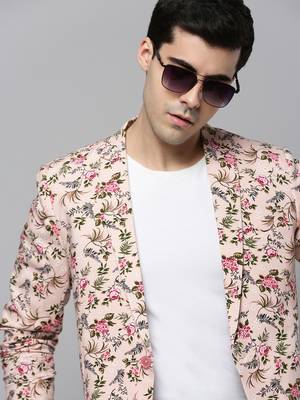 Men's Notched Lapel Printed Peach Open Front Blazer 1