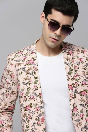 Men's Notched Lapel Printed Peach Open Front Blazer