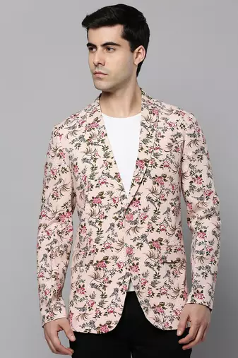 Men's Notched Lapel Printed Peach Open Front Blazer