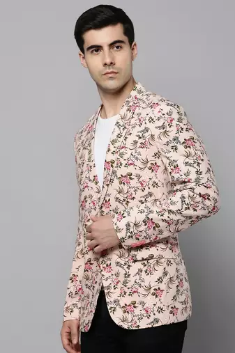 Men's Notched Lapel Printed Peach Open Front Blazer