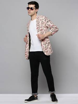Men's Notched Lapel Printed Peach Open Front Blazer 5