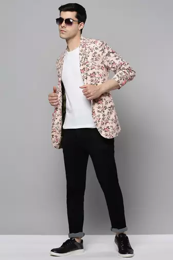 Men's Notched Lapel Printed Peach Open Front Blazer