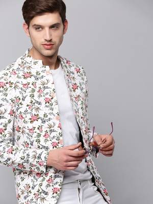 Men's Mandarin Collar Printed White Open Front Blazer 1