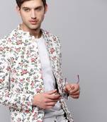 Men's Mandarin Collar Printed White Open Front Blazer
