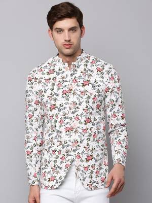 Men's Mandarin Collar Printed White Open Front Blazer 2