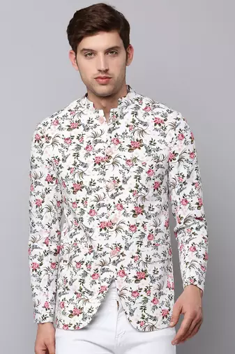 Men's Mandarin Collar Printed White Open Front Blazer