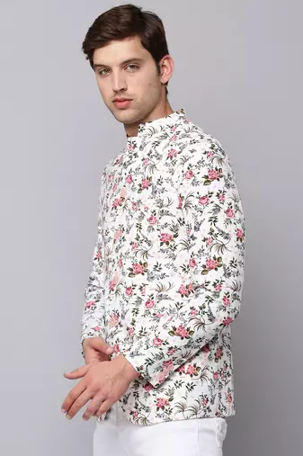 Men's Mandarin Collar Printed White Open Front Blazer