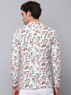 Men's Mandarin Collar Printed White Open Front Blazer 4