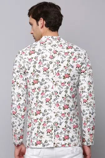 Men's Mandarin Collar Printed White Open Front Blazer
