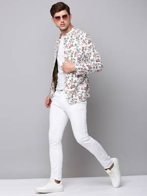 Men's Mandarin Collar Printed White Open Front Blazer 5