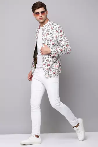 Men's Mandarin Collar Printed White Open Front Blazer