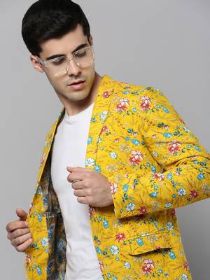 SHOWOFF Men's Notched Lapel Printed Yellow Open Front Blazer 1