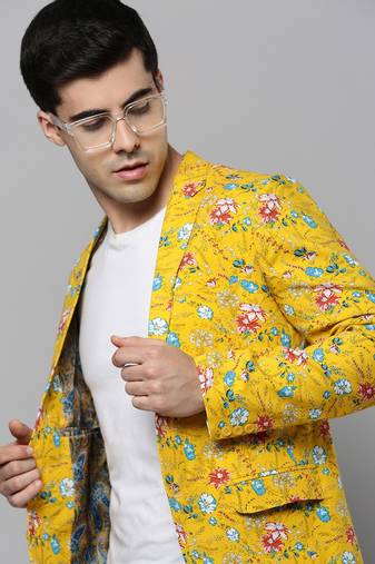 SHOWOFF Men's Notched Lapel Printed Yellow Open Front Blazer