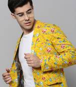 SHOWOFF Men's Notched Lapel Printed Yellow Open Front Blazer