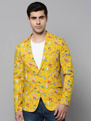SHOWOFF Men's Notched Lapel Printed Yellow Open Front Blazer 2
